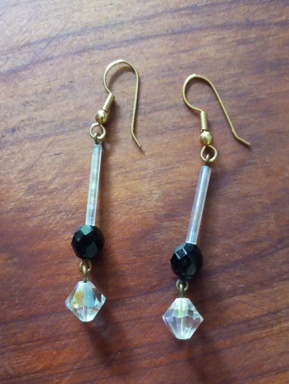 Black & Crystal Dangle Earrings Gold Tone Fishhook